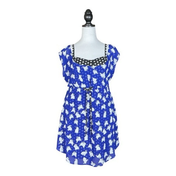 Hot Topic Blue & White Chiffon Rabbit Print Black & White Polka Dot Mini Dress M - Picture 2 of 9